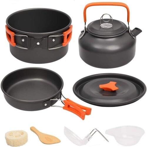 Portable Camping Cookware Kit Folding Cookset Pan Pot Kettle Travelling Backpacking Hiking Picnic BBQ Tableware Equipment
