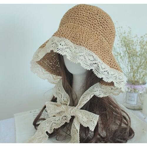 Summer Sun Hats Women Fashion Lolita Girl Straw Hat Ribbon Bow Beach Side Cap Ladies Korean Sweet Lace Wide Brim Hat Female