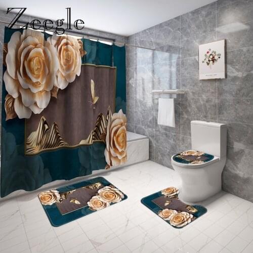 Traditional Style Floral Bath Mat and Shower Curtain Set Non-Slip Toilet Foot Rug Flannel Shower Floor Pad Bathroom Mat Set