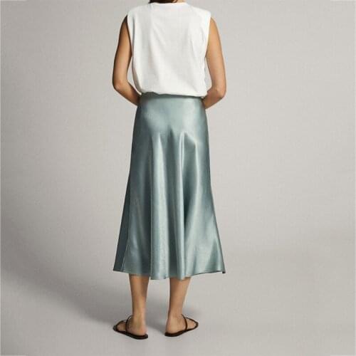 Y166 Women Satin High Waist A-Line Midi Long Skirt Solid Color Flared Hem Streetwear