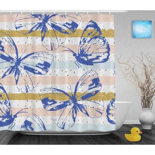 Beautiful Butterfly Print Bathroom Shower Curtains Colorful Striped Decor Shower Curtain Waterproof Ployster Fabric With Hooks