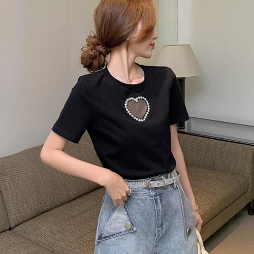 2021 Summer Diamond Love Basic T-Shirts Women Short Sleeve O-Neck Knitt Tops Female Hollow Out Solid Tee Womans Harajuku Korean