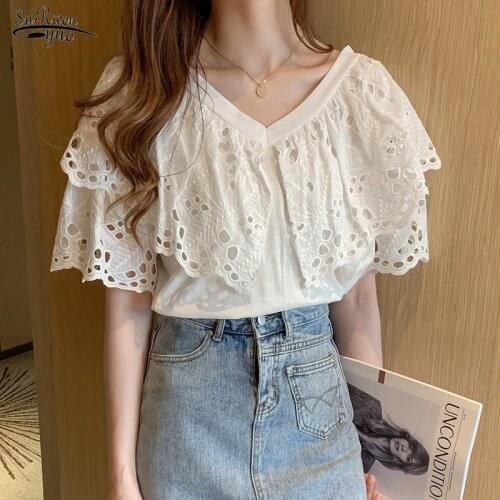 Summer New Cotton Blouse Women Chic Crochet Hollow Butterfly Short Sleeve White Shirt Flying Sleeve V-neck Tops Blusas 13933