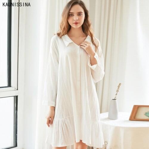 Women Nightgown Cotton Sleepwear Long Sleeve Solid White Doll Collar Sleep Shirt Dress Female Sexy Nightie Home Nightwear