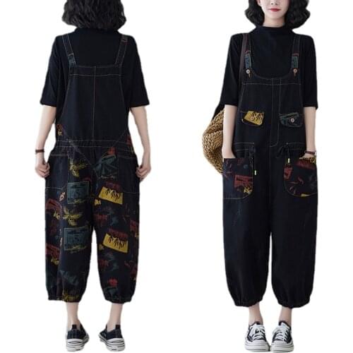 2021 Spring and Summer new literary retro loose plus size womens Trousers fashion printed Denim overalls big pocket drawstring