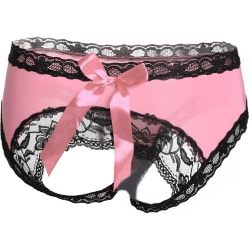 Women Sexy Open Butt Panties Big Bowknot Floral Lace Trim Hollow Lingere Briefs