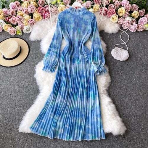Womens spring summer runway fashion pleated blue dress female long sleeve chic travel vintage beach chiffon dress TB1493
