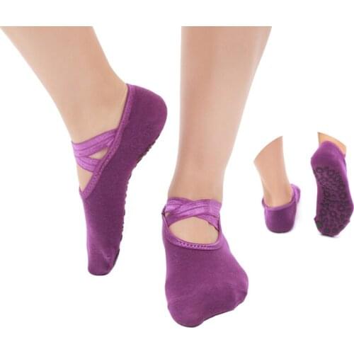 1 Pair Women Anti Slip Yoga Socks with Grips Cross Bandage Silicone Anti-skid Dots Slipper Socks Pilates Fitness Dance Ballet