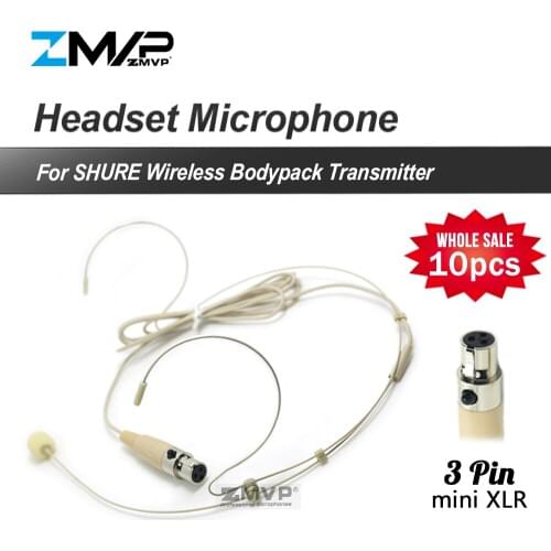 10pcs Professional 3pin XLR TA3F Headset Headworn Cardioid 3 pin Condenser Microphone For Shure Wireless Bodypack Transmitter
