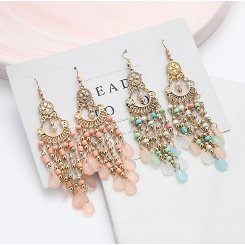 Bohemian Long Crystal Tassel Drop Earrings for Women Vintage Multilayer Colorful Beads Earrings Female Holiday Jewelry Gift