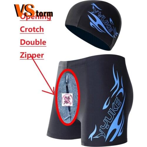 Mens Swim Open Crotch Boxers Trunks Open Double-head Zipper Love Adult Swimming Trunks Large-size Swimsuit Free Take Off Pants