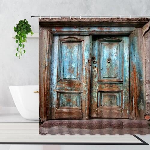 Retro Wooden Door Shower Curtains Nostalgia Art Style Decor Background Waterproof Bath Curtain Garden Wall Decoration With Hooks
