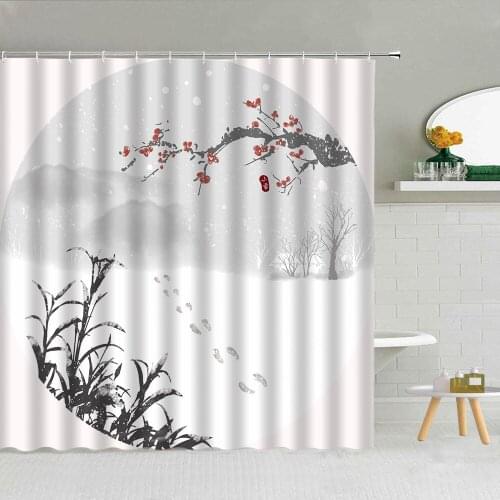 ChineseTraditional Landscape Shower Curtain Mountain River Boat Bird Ancient Beauties Bathroom Decor Fabric Curtains Washable