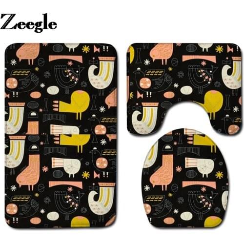 Printing Bathroom Carpet Rug Home Decor Bath Mat Flannel Toilet Mat Absorbent U-Shaped Toilet Rug and Anti-slip Floor Carpet Set