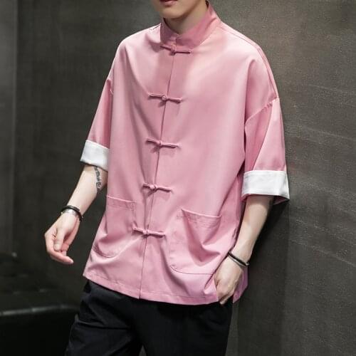 Summer Chinese Style Three-quarter Sleeve Stand Collar Shirt Mens Tang Suit Coil Button Chinese Shirt Couple Coat