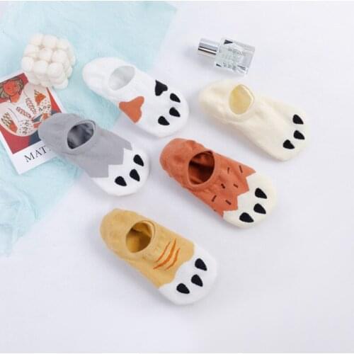 5 Pairs Of Female Socks Summer Cartoon Cute Cat Invisible Shallow Mouth Boat Socks Silicone Non-slip Slippers Ankle Socks