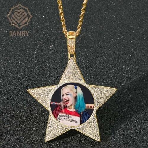 JANRY Custom Five-Pointed Star Photo Frame Pendant Necklace Hip Hop Jewelry With 60cm Chains Necklace For Men Women