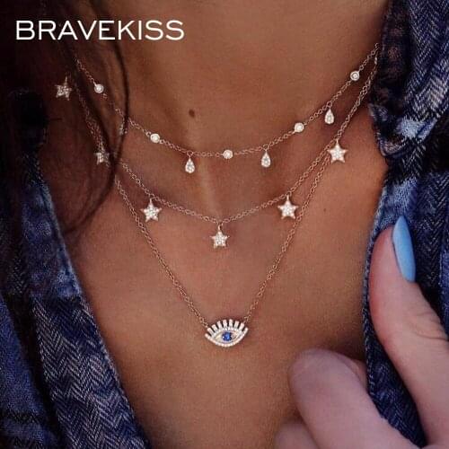 BRAVEKISS Water Drop Necklace Personality Alloy Star Eyelash Blue Stone Multi-layer Necklaces Fashion Jewelry for Women BPN1251