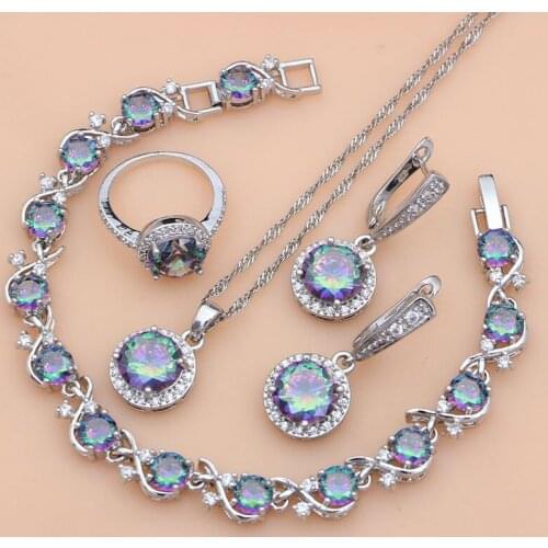 Rainbow Cubic Zirconia Jewelry Sets Silver 925 Fashion for Women Party Earrings Ring Bracelet Necklace Set Dropshipping