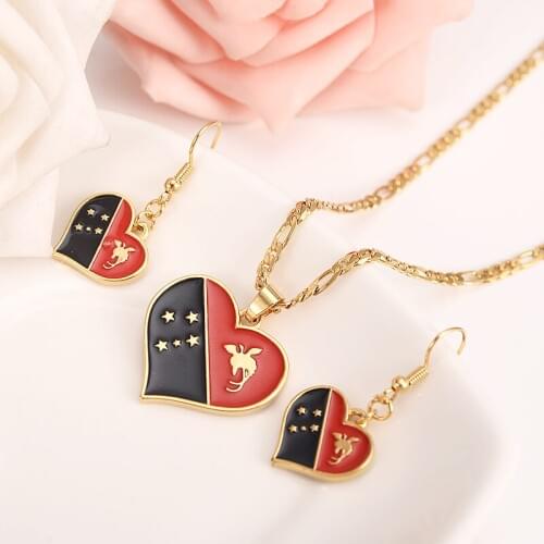 Papua New Guinea Flag earrings Necklace Pendant with Chain Gold Color Heart Phoenix Star PNG Jewely sets gift for women girls