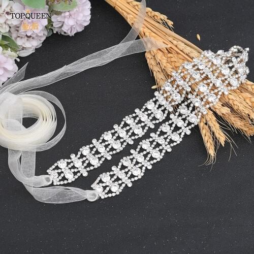 TOPQUEEN Luxury Wedding Dress Sash Belt Silver Alloy Belts for Women Clothing Accessories Bridesmaid Sash Diamond Appliques S414