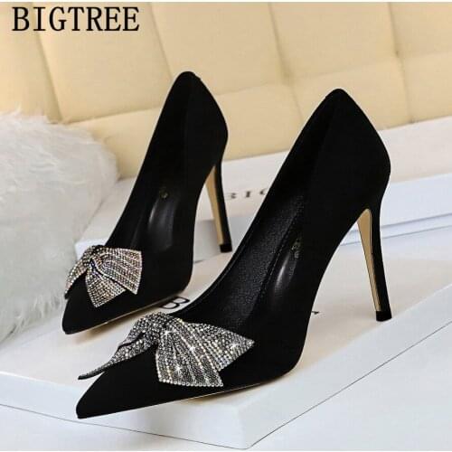 Crystal shoes diamond heels black pumps women shoes bigtree ladies high heels sexy stiletto valentine shoes 43 rhinestone heels