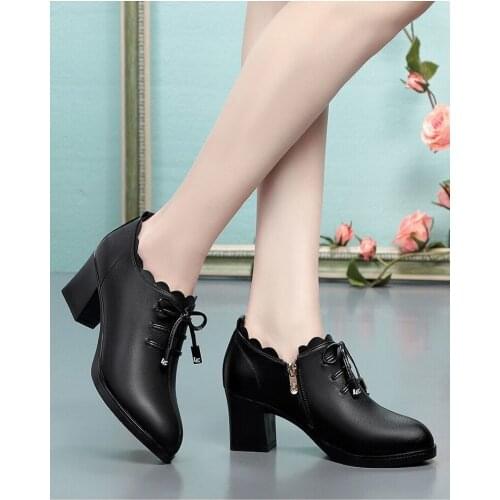 Single Shoes Womens Autumn And Winter New Leather Shoes Black Deep Soft Sole Thick Heel Bow Female Mid-heel Shoes