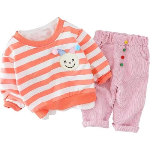 Girls spring and autumn sweater pants suit girls cute cartoon pattern striped sweater top girls leisure sports two-piece suit