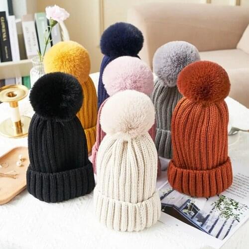 Toddler Baby Knitted Winter Hats New Autumn Fall Infant Fluffy Ball Cute Cap Boys Girls Knitting Beanie Childrens Hats For 1-8Y