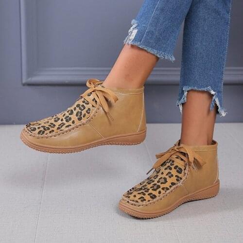 Womens Shoes Leopard Print Patchwork Ankle Boots Female Sewing Plush Short Bots Fashion Flsts Lace Up