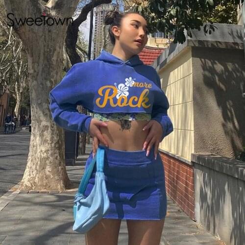Sweetown Floral Print Vintage 2 Piece Sets Womens Casual Skirt Suits Outfits Long Sleeve Crop Hoodies + Short Skirts Tracksuits
