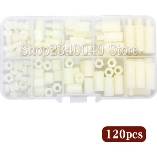 120Pcs/set M4*8/12/15/20 White Hex Standoff Spacer Column Flat Head Nylon Plastic Spacing Screws Nuts Nylon Male-Female Standoff