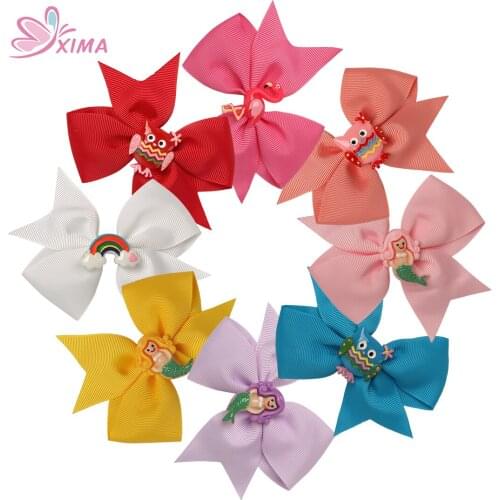 XIMA 16pcs/lot 3.5''Grosgrain Ribbon Hair Bows with Resin Flamingos Hair Clip Owl Hairpins Cartoon Hair Accessories for Kids