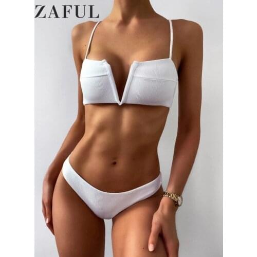 ZAFUL Knot V-wired Ribbed Bikini Set Women Padded Low Waist Swimsuit Summer Solid Swimwear Bathing Suit Sexy Female Beachwear