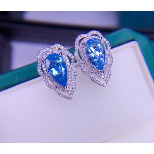 E708 Fine Jewelry Pure 18K White Gold Natural Aquamarine Gemstone 2.6ct Diamonds Females Earrings for Women FIne Earrings