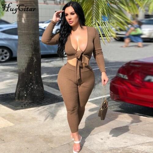 Hugcitar 2020 Long Sleeve Wrapped Bandage Crop Top Leggings 2 Piece Set Autumn Winter Women Fashion Streetwear Strethcy Tracksui