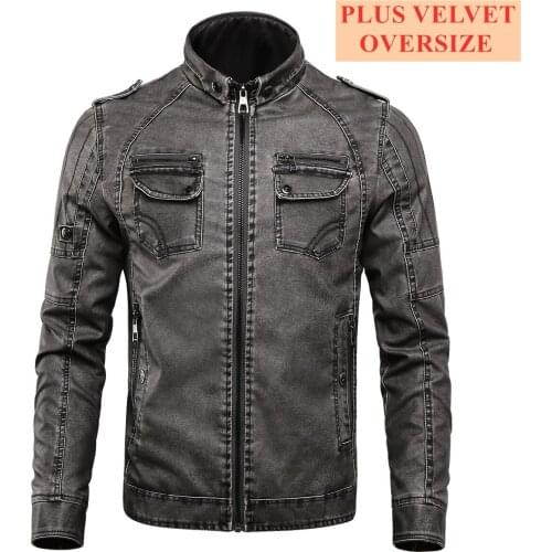 Classic Mens Biker Leather Coat Washed Retro PU Jacket Slim Fit Hombre Winter Plus Fleece Thick Warm Waterproof Leather Jackets