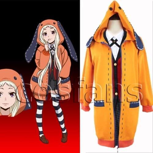 Anime Jakcet Yomoduki Runa Cosplay Costume Uniform Kakegurui Compulsive Gambler Runa Shoes and Wig Women Orange Hooded Zip Coat
