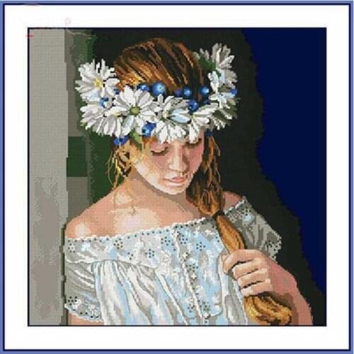 Hot selling Girl wearing daisy flowers patterns Counted Cross Stitch DIY Chinese Cross Stitch Kits Embroidery Needlework Sets