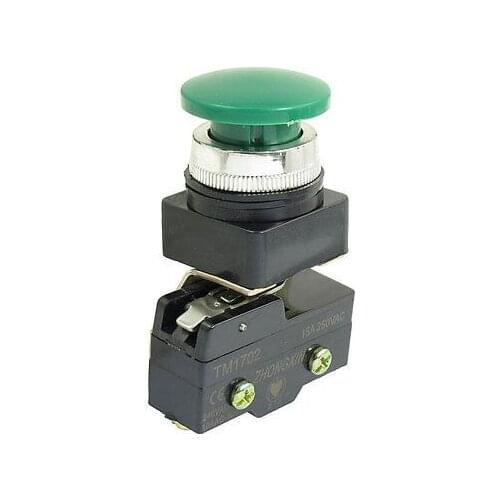 250VAC 15A SPST 1NO 1NC 25mm Thread Momentary Green Mushroom Head Micro Switch
