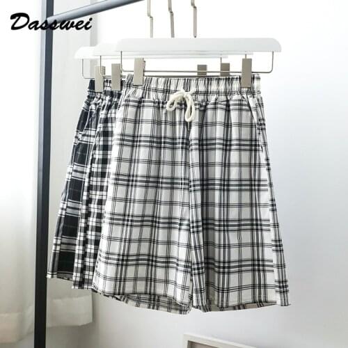 DASSWEI Fashion Summer Loose Plaid Printed Knee Length Pants Casual Elastic High Waist Shorts Female Thin Short Pants Drawstring