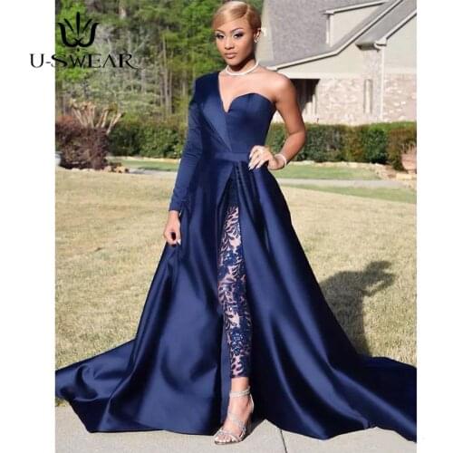 Fashion Blue Jumpsuits Evening Dresses One Shoulder Women Celebrity Gowns Party Dress with Pants Formal Dress Women Elegant