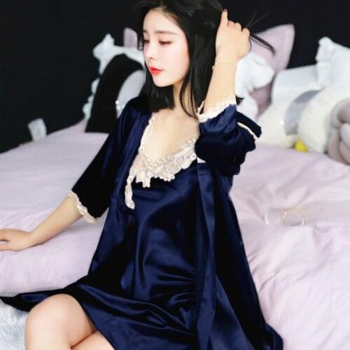 New Ice Silk Nightgown Women Summer Sexy Nightdress Loose Robe Two-piece Home Service Short-sleeved Pajamas Female Plus size