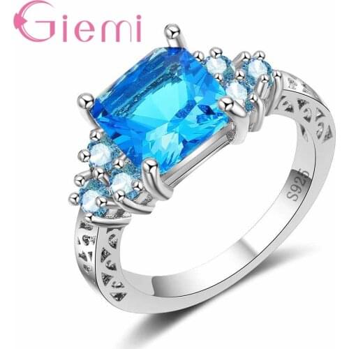 Engagement Wedding Ceremony Anniversary Ornament Glamorous Blue Square Austrian Crystal Ring 925 Sterling Silver and CZ