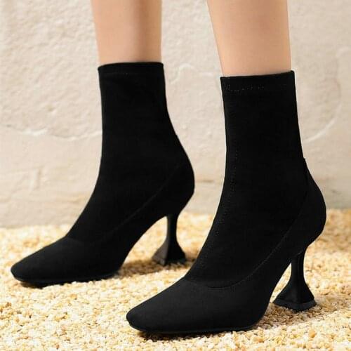 2021 Autumn Winter Women Ankle Boots Faux Leather Strange Style Ladies Stretch Boots Square Toe Slip on Womens Boots Plus Size