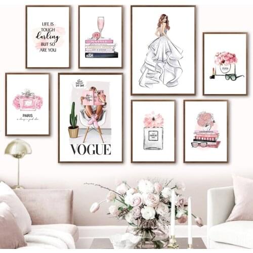 Scandinavian Poster Fashion Girl Pink Perfume Lipstick Flower Art Canvas Print Mural Fashion Bedroom Decorative Poster