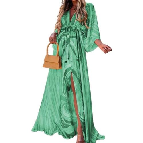 Floor-length Dress V Neck High Waist Slit Beach Dress Batwing Sleeve Printing Maxi Dress Women Accessory party dress 2021