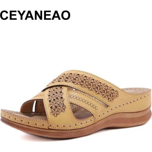 CEYANEAOWomens Beach Slippers 2021Summer Women Lady Retro Stitching Color Casual Beach embroidered Sandals femmes sandales Shoe