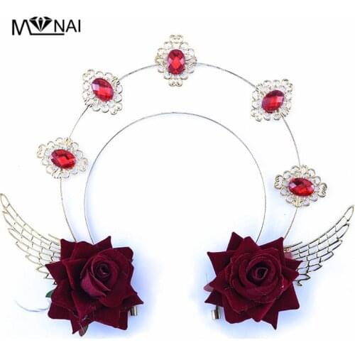 Handmade Female Vintage Halo Crown Retro Gothic Crystals Wing Flower Headband Lolita KC cosplay Halloween Party Hair Band