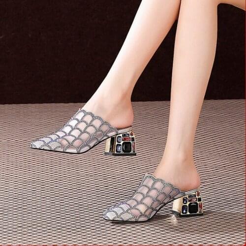 Rhinestone Close toe Slippers,Womens Sandals,Girls Shoes,Square Summer Heels,Outside Wearing,Soft Sole,BLACK,SILVER,Dropship
